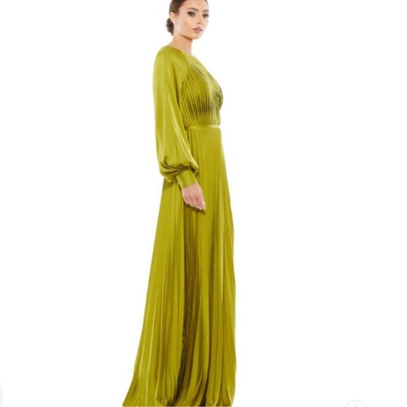 Mac Duggal Size 10 Chartreuse Green Pleated Long Blouson Sleeve Maxi Dress Gown - Picture 5 of 10
